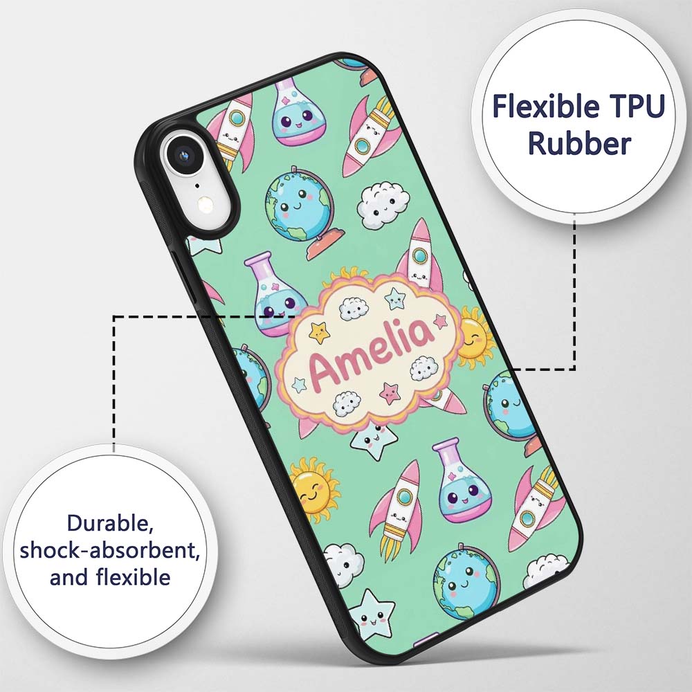 Cute Kawaii Space Rocket Globe Sun Star Learning Custom Name Protective Phone Case Mobile Cover Durable Everyday Smartphone Shock Resistant