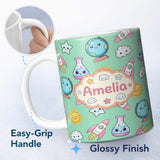 Personalized Custom Name Cute Kawaii Space Rocket Globe Sun Star Learning Seamless Pattern 11oz Ceramic Coffee Tea Mug White Large Handle