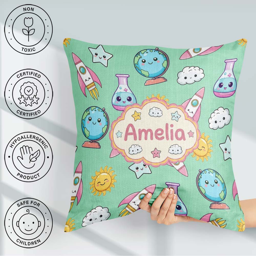 Custom Name Kawaii Space Rocket Globe Sun Star Learning Seamless Square Filled Cushion Throw Pillow Sofa Bed Home Decor Zip Washable UK Made