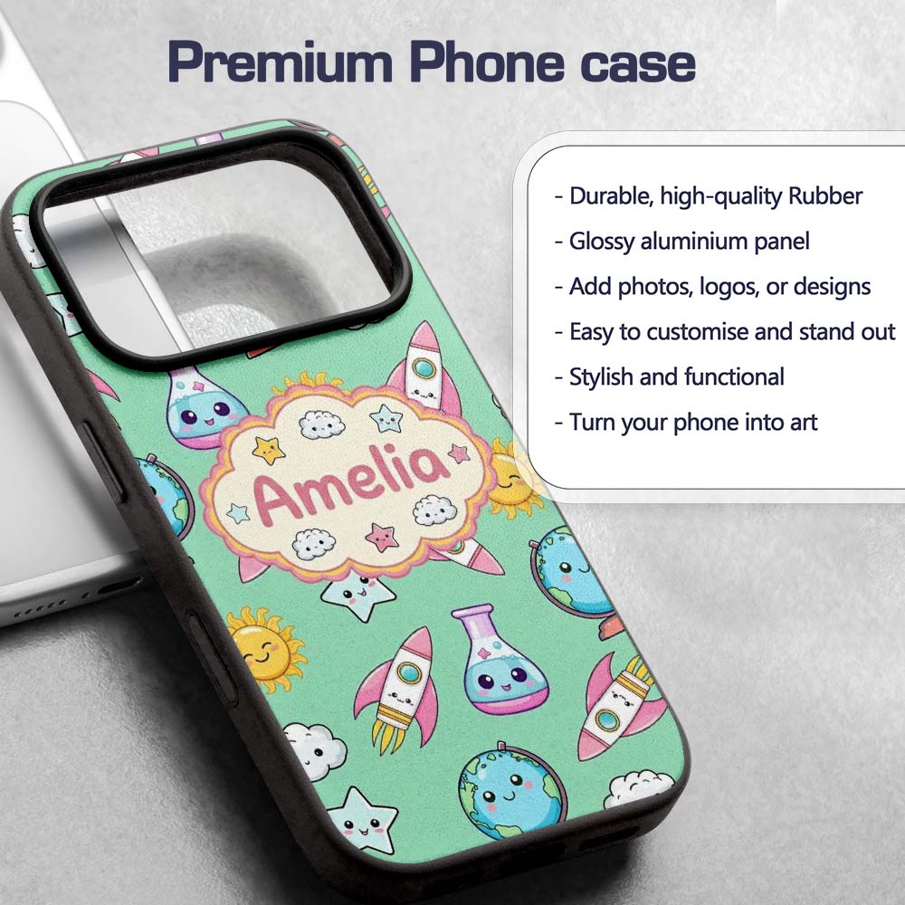 Cute Kawaii Space Rocket Globe Sun Star Learning Custom Name Protective Phone Case Mobile Cover Durable Everyday Smartphone Shock Resistant