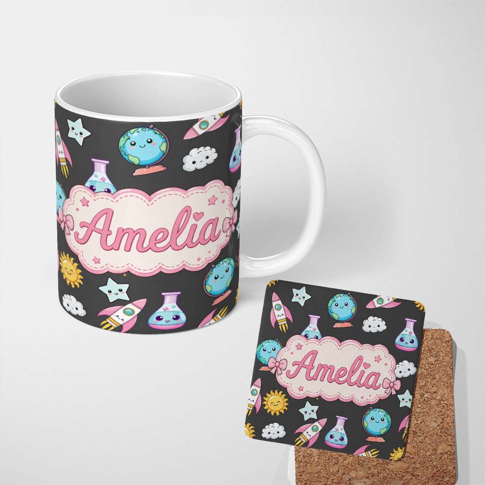 Personalized Custom Name Cute Kawaii Space Rocket Globe Sun Star Dark Seamless Pattern Name 11oz Ceramic Coffee Tea Mug White Large Handle