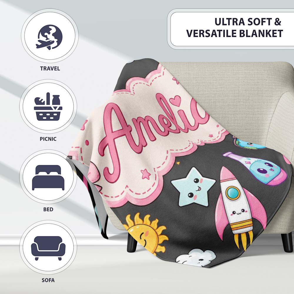 Cute Kawaii Space Rocket Globe Sun Star Dark Seamless Pattern Name  Personalised Custom Name Super Soft Fleece Blanket Bed Sofa Throw