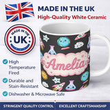 Personalized Custom Name Cute Kawaii Space Rocket Globe Sun Star Dark Seamless Pattern Name 11oz Ceramic Coffee Tea Mug White Large Handle