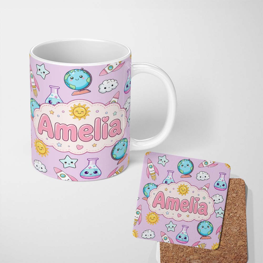 Personalized Custom Name Cute Kawaii Space Rocket Globe Sun Star Purple Seamless Pattern Name 11oz Ceramic Coffee Tea Mug White Large Handle