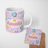 Personalized Custom Name Cute Kawaii Space Rocket Globe Sun Star Purple Seamless Pattern Name 11oz Ceramic Coffee Tea Mug White Large Handle