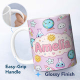 Personalized Custom Name Cute Kawaii Space Rocket Globe Sun Star Purple Seamless Pattern Name 11oz Ceramic Coffee Tea Mug White Large Handle