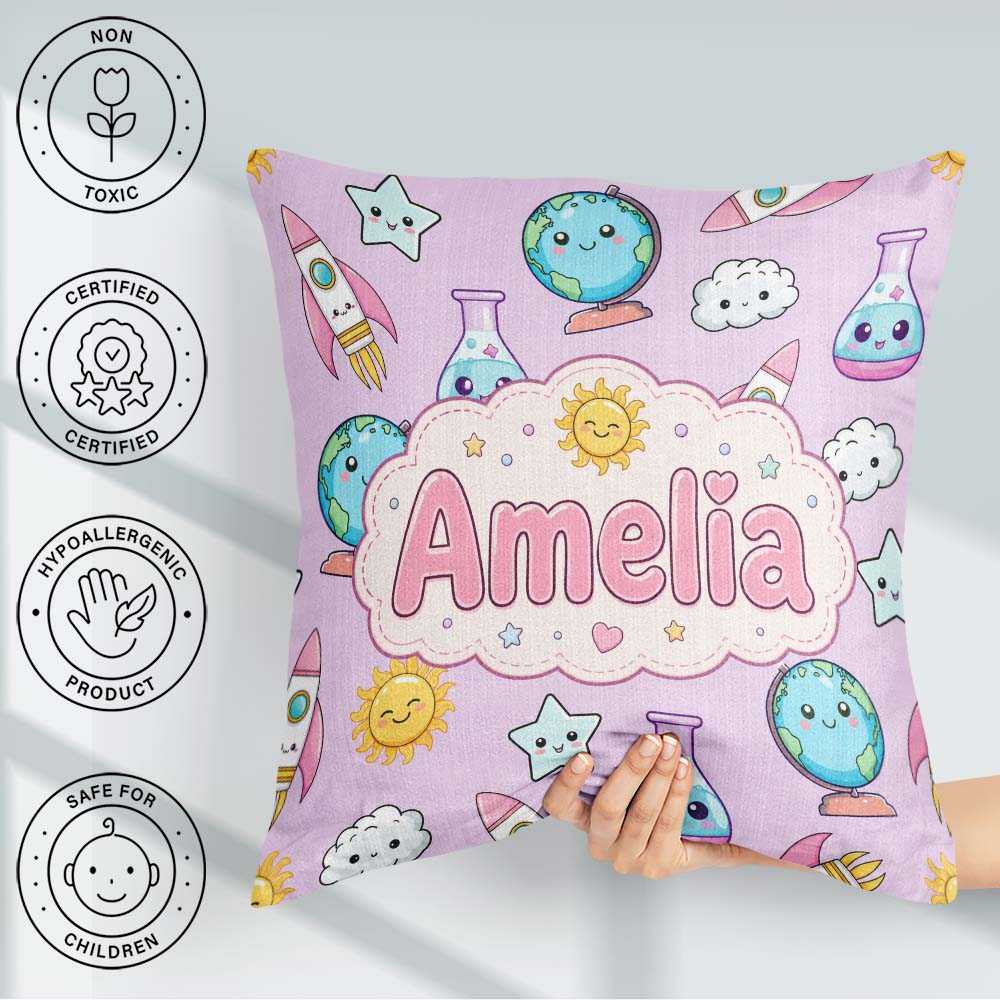 Custom Name Cute Kawaii Space Rocket Globe Sun Star Pattern Name Square Filled Cushion Throw Pillow Sofa Bed Home Decor Zip Washable UK Made
