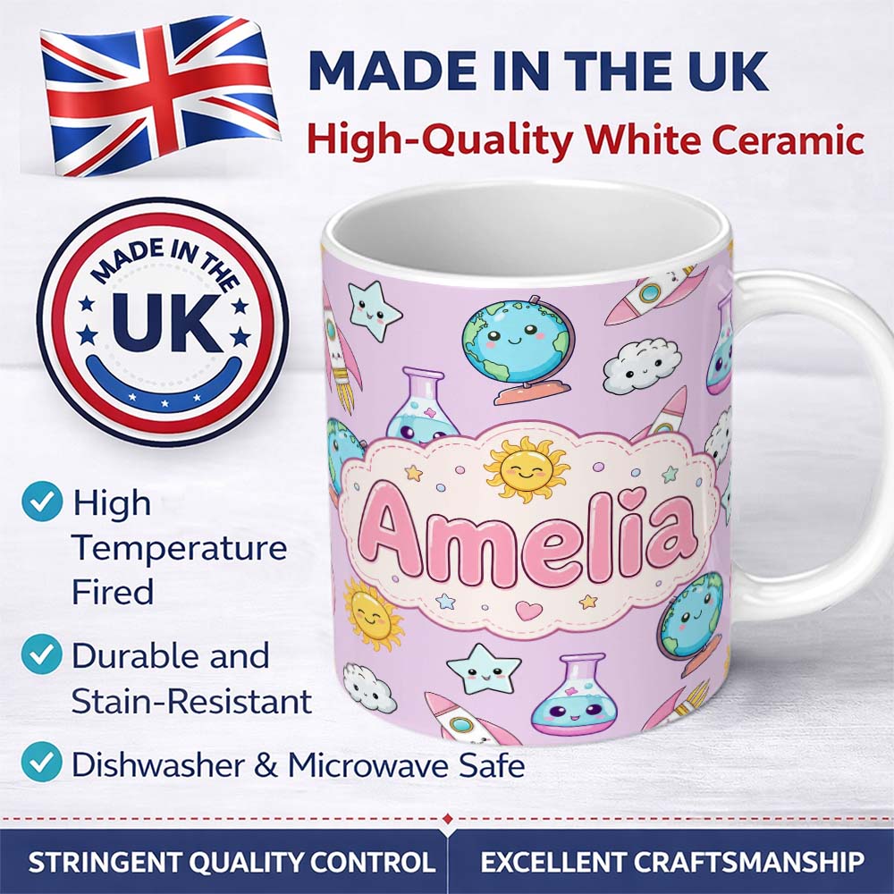 Personalized Custom Name Cute Kawaii Space Rocket Globe Sun Star Purple Seamless Pattern Name 11oz Ceramic Coffee Tea Mug White Large Handle