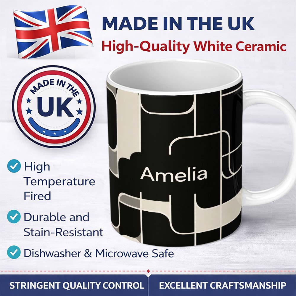 Personalized Custom Name Contemporary Line Grid Black Cream Abstract Outline Pattern Lovely 11oz Ceramic Coffee Tea Mug White Large Handle
