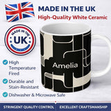 Personalized Custom Name Contemporary Line Grid Black Cream Abstract Outline Pattern Lovely 11oz Ceramic Coffee Tea Mug White Large Handle