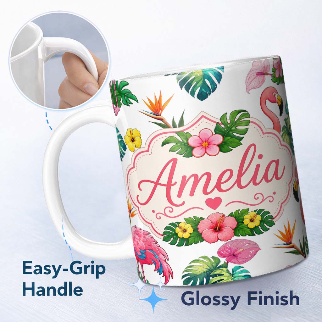 Personalized Custom Name Tropical Flamingo Bird with Exotic Flowers Leaves Light Grey Lovely 11oz Ceramic Coffee Tea Mug White Large Handle