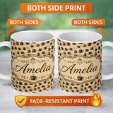 Personalized Custom Name Brown Coffee Cups Classic Rustic Style Seamless Pattern Lovely 11oz Ceramic Coffee Tea Mug White Large Handle