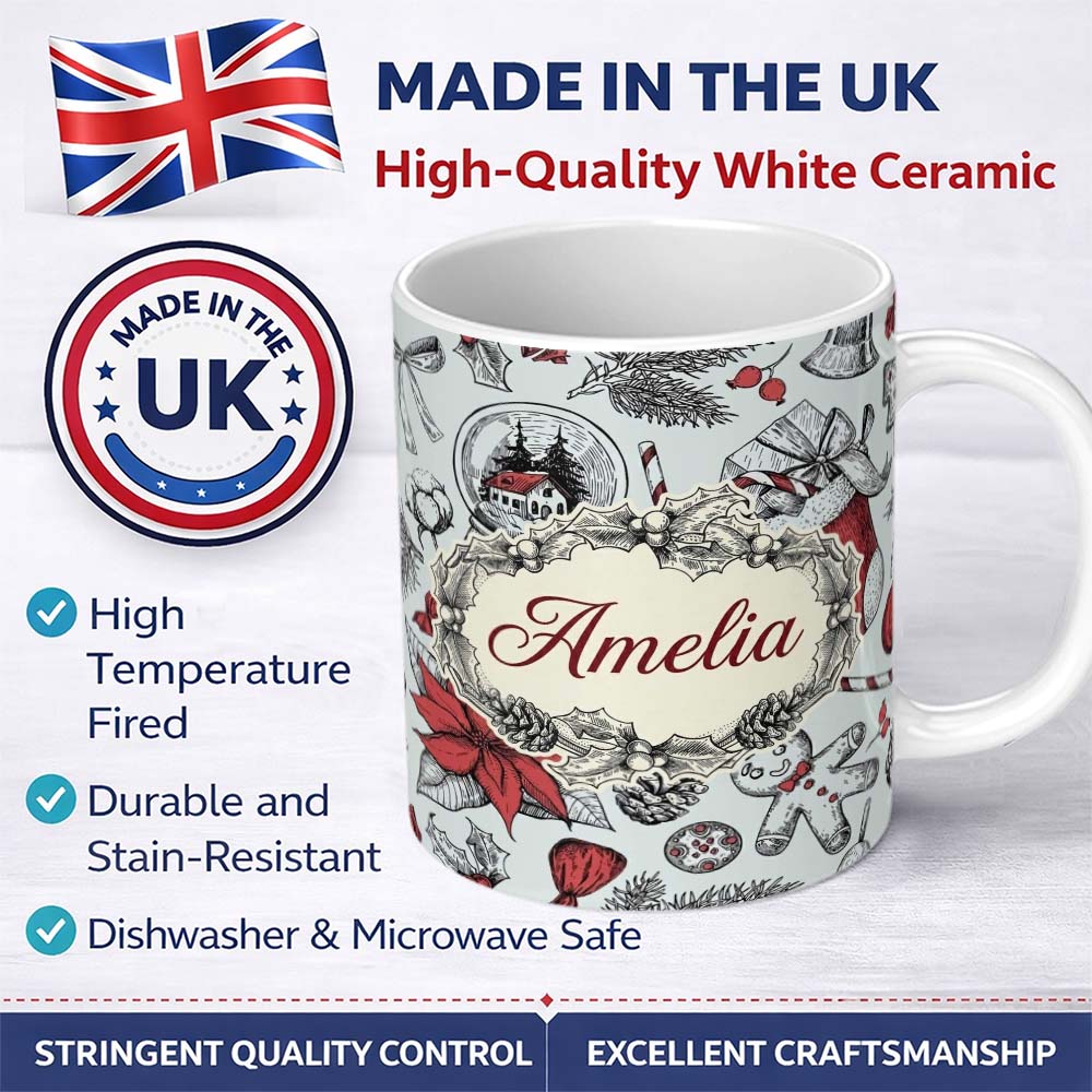 Personalized Custom Name Vintage Christmas Sketch Stocking Candy Cane Seamless Pattern Lovely 11oz Ceramic Coffee Tea Mug White Large Handle