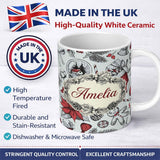 Personalized Custom Name Vintage Christmas Sketch Stocking Candy Cane Seamless Pattern Lovely 11oz Ceramic Coffee Tea Mug White Large Handle