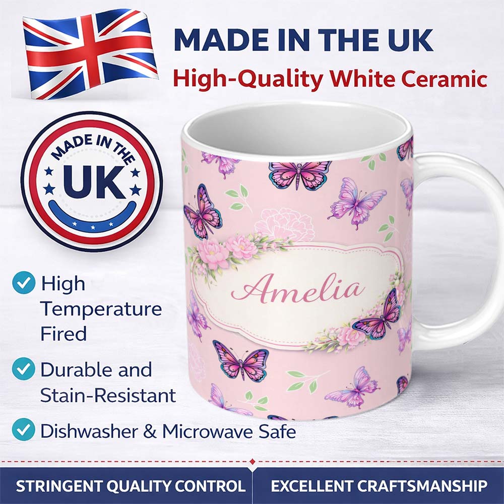 Personalized Custom Name Pink Purple Butterfly Floral Soft Pink Background Seamless Pattern 11oz Ceramic Coffee Tea Mug White Large Handle