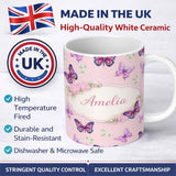 Personalized Custom Name Pink Purple Butterfly Floral Soft Pink Background Seamless Pattern 11oz Ceramic Coffee Tea Mug White Large Handle