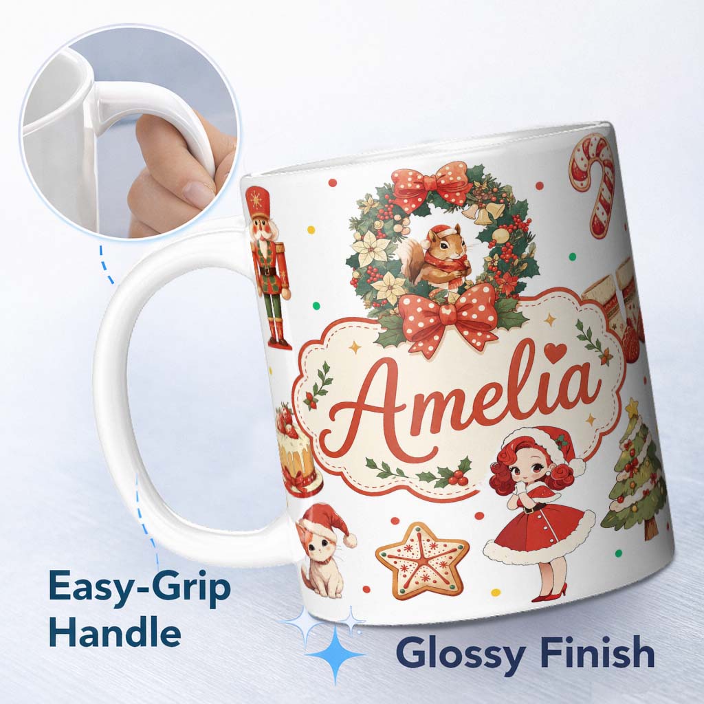 Personalized Custom Name Cute Christmas Nutcracker Squirrel Cake Candy Cane Girl Tree White 11oz Ceramic Coffee Tea Mug White Large Handle