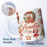 Personalized Custom Name Cute Christmas Nutcracker Squirrel Cake Candy Cane Girl Tree White 11oz Ceramic Coffee Tea Mug White Large Handle