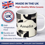Personalized Custom Name Modern Geometric Circles Black Cream Mid Century Abstract Pattern 11oz Ceramic Coffee Tea Mug White Large Handle