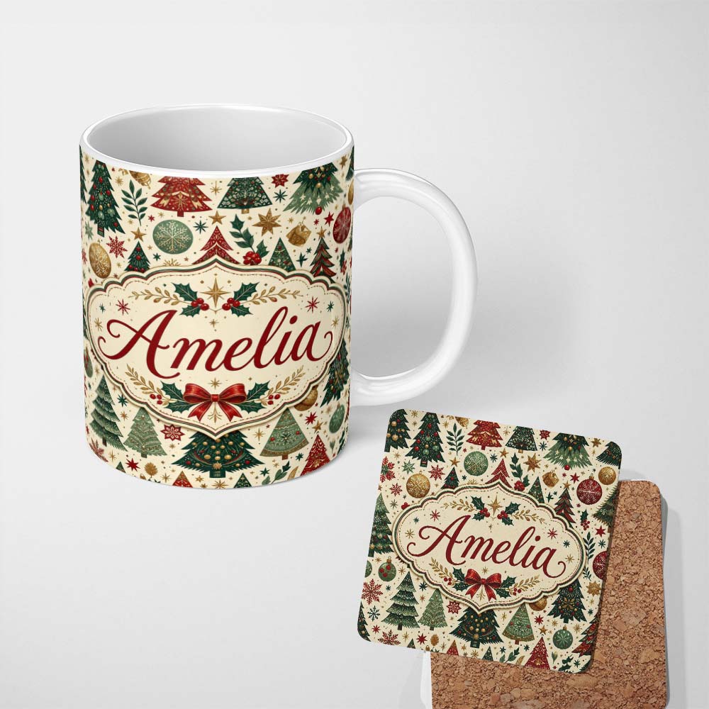 Personalized Custom Name Vintage Christmas Trees Ornaments Stars Seamless Pattern Festive 11oz Ceramic Coffee Tea Mug White Large Handle