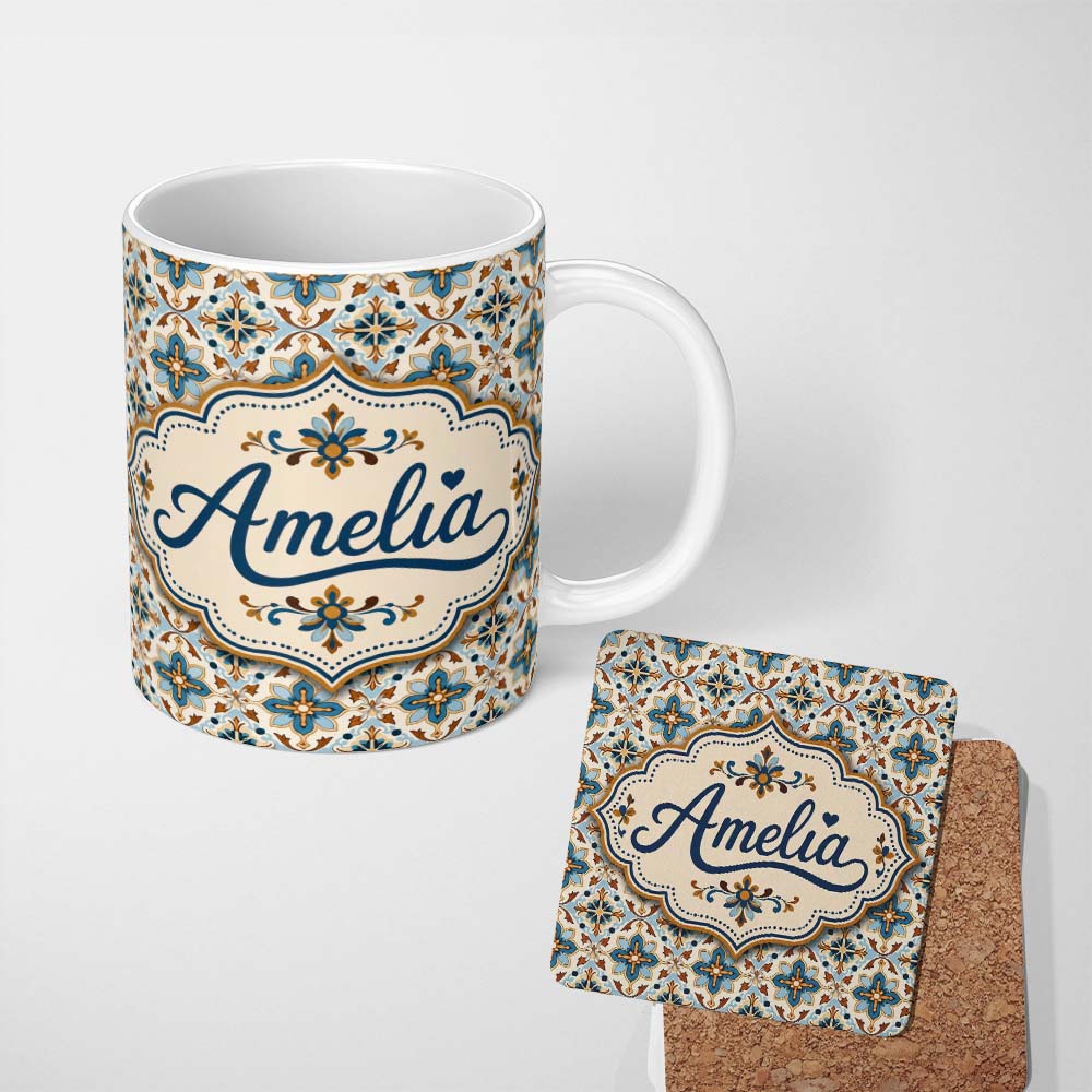 Personalized Custom Name Vintage Blue and Terracotta Ornamental Tile Pattern on Cream Lovely 11oz Ceramic Coffee Tea Mug White Large Handle