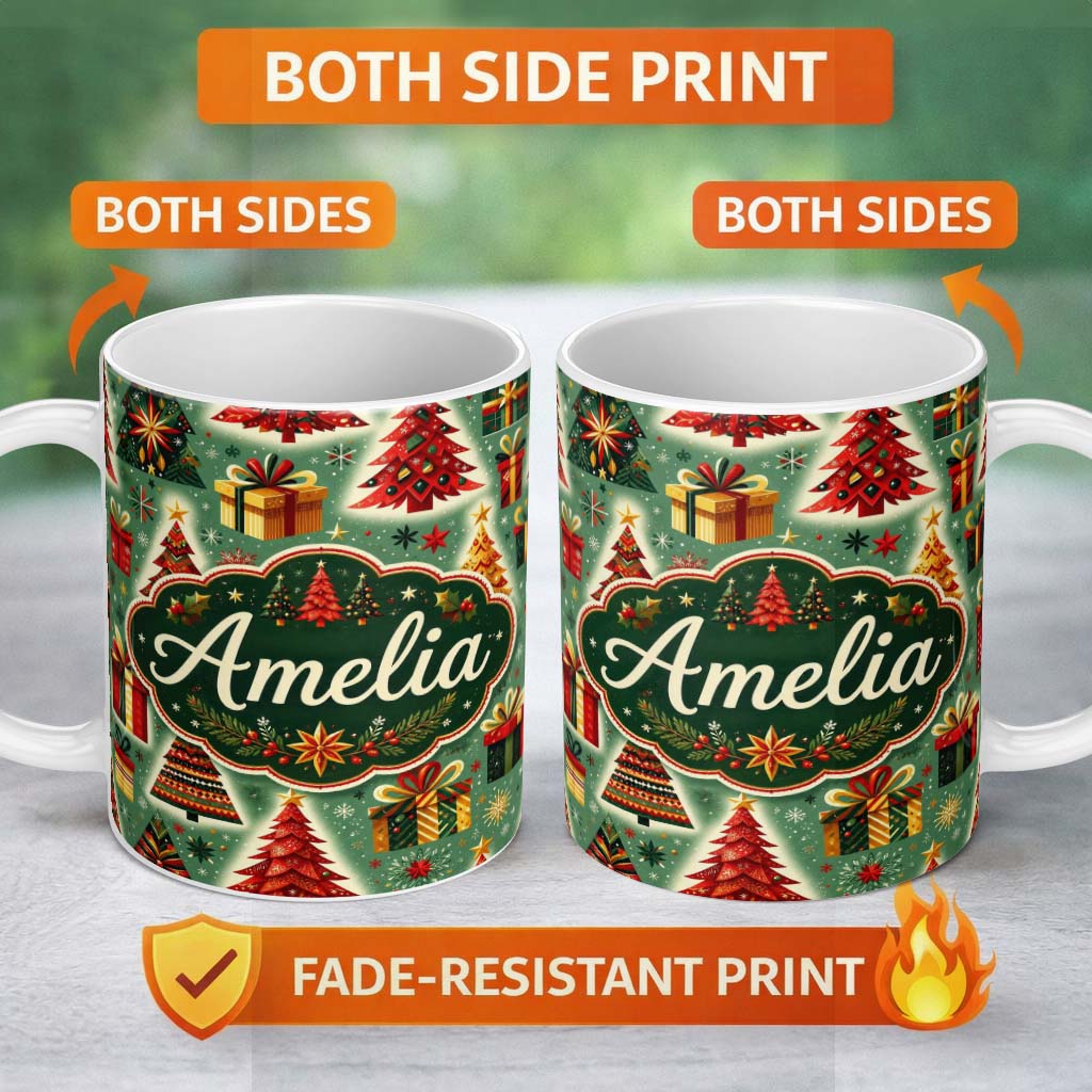 Personalized Custom Name Colorful Christmas Trees Gifts Snowflakes Festive Holiday Seamless 11oz Ceramic Coffee Tea Mug White Large Handle
