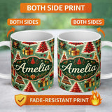 Personalized Custom Name Colorful Christmas Trees Gifts Snowflakes Festive Holiday Seamless 11oz Ceramic Coffee Tea Mug White Large Handle