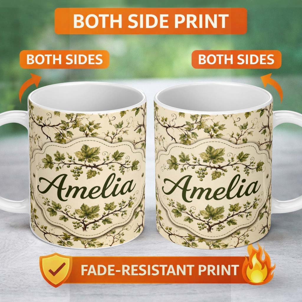 Personalized Custom Name Natural Woodland Vine Leaves Seamless Pattern Charming Kitchen Decor 11oz Ceramic Coffee Tea Mug White Large Handle