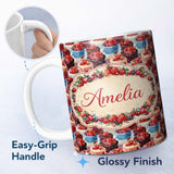 Personalized Custom Name Strawberry Cream Cake Seamless Pattern Realistic Dessert Sweet Food 11oz Ceramic Coffee Tea Mug White Large Handle