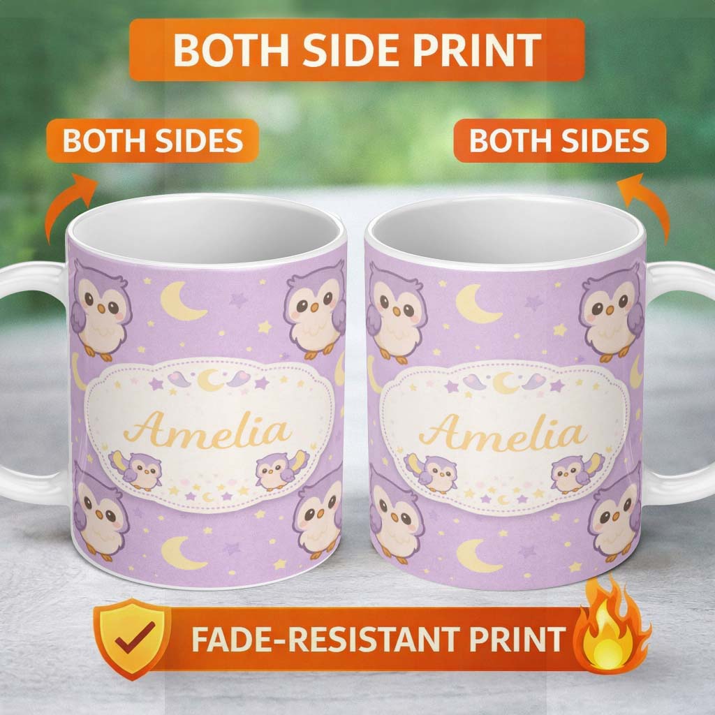 Personalized Custom Name Cute Night Owl Moon Cartoon Animal Pattern Charming Kitchen Decor 11oz Ceramic Coffee Tea Mug White Large Handle