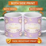 Personalized Custom Name Cute Night Owl Moon Cartoon Animal Pattern Charming Kitchen Decor 11oz Ceramic Coffee Tea Mug White Large Handle