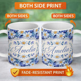Personalized Custom Name Bold Blue White Botanical Floral Seamless Pattern Cute Unique Gift 11oz Ceramic Coffee Tea Mug White Large Handle