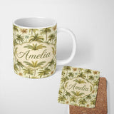 Personalized Custom Name Vintage Style Palm Tree Landscape Pattern in Soft Green and Beige 11oz Ceramic Coffee Tea Mug White Large Handle