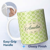 Personalized Custom Name Small Scale Green Floral Geometric Tile Seamless Pattern Lovely 11oz Ceramic Coffee Tea Mug White Large Handle