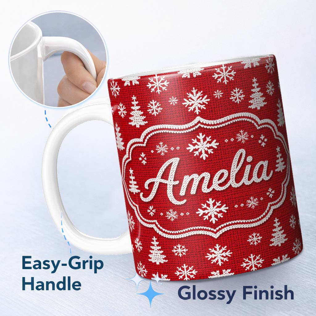 Personalized Custom Name Knitted Style Christmas Tree Snowflake Red Seamless Pattern Lovely 11oz Ceramic Coffee Tea Mug White Large Handle