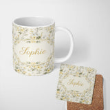 Personalized Custom Name Soft Yellow and White Floral Pattern Cream Background Seamless 11oz Ceramic Coffee Tea Mug White Large Handle