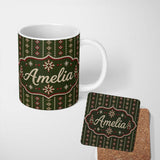 Personalized Custom Name Green Knitted Heart Nordic Pattern Seamless Thoughtful Gift Idea 11oz Ceramic Coffee Tea Mug White Large Handle