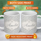 Personalized Custom Name Soft Neutral Floral Tile in Cream and Grey Embossed Style Design 11oz Ceramic Coffee Tea Mug White Large Handle