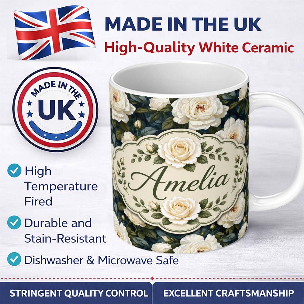 Personalized Custom Name Romantic White Roses Dark Botanical Garden Seamless Pattern Lovely 11oz Ceramic Coffee Tea Mug White Large Handle