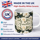 Personalized Custom Name Romantic White Roses Dark Botanical Garden Seamless Pattern Lovely 11oz Ceramic Coffee Tea Mug White Large Handle