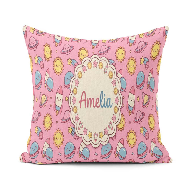 Custom Name Cute Kawaii Space Rocket Globe Sun Star Pattern Name Square Filled Cushion Throw Pillow Sofa Bed Home Decor Zip Washable UK Made