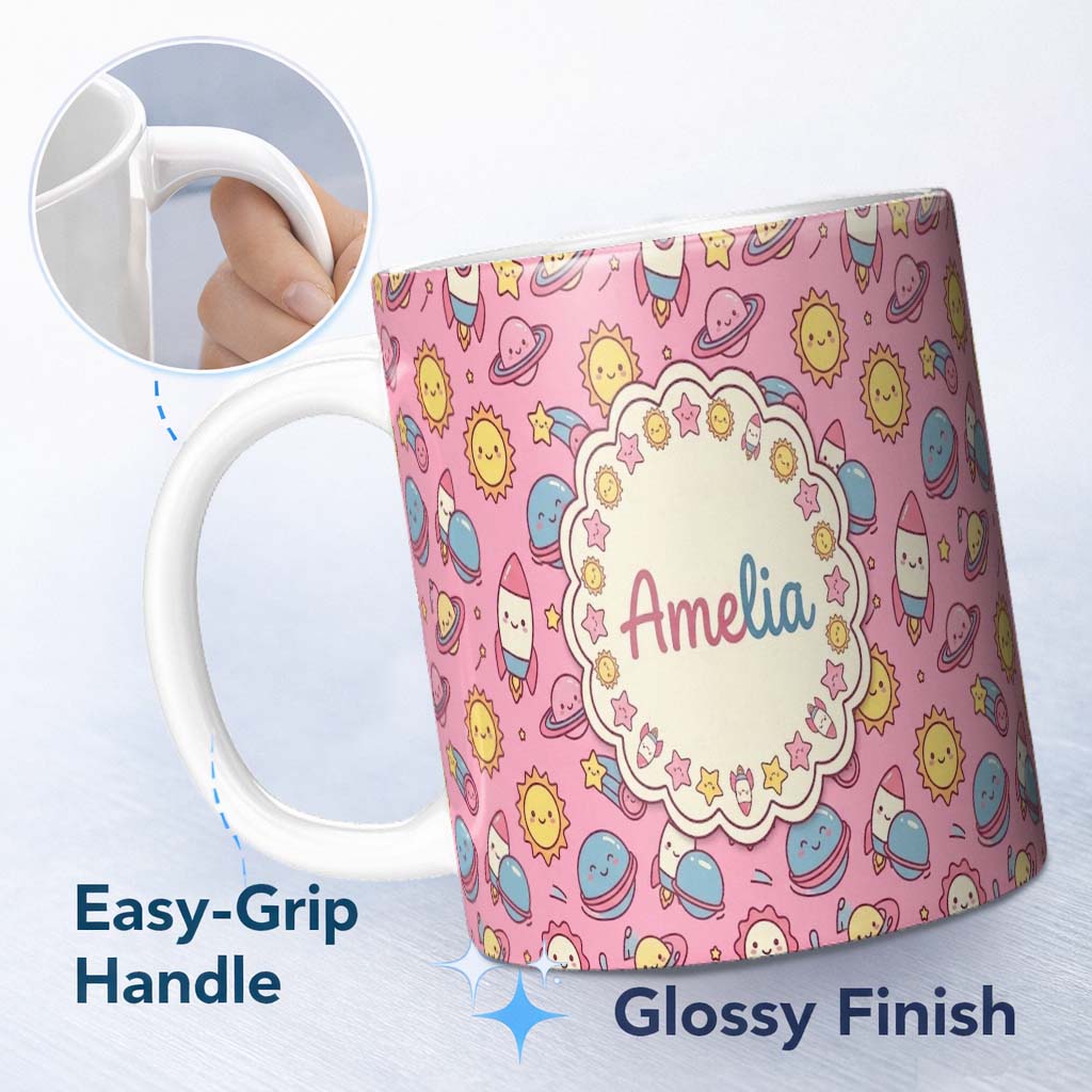 Personalized Custom Name Cute Kawaii Space Rocket Globe Sun Star Pastel Seamless Pattern Name 11oz Ceramic Coffee Tea Mug White Large Handle