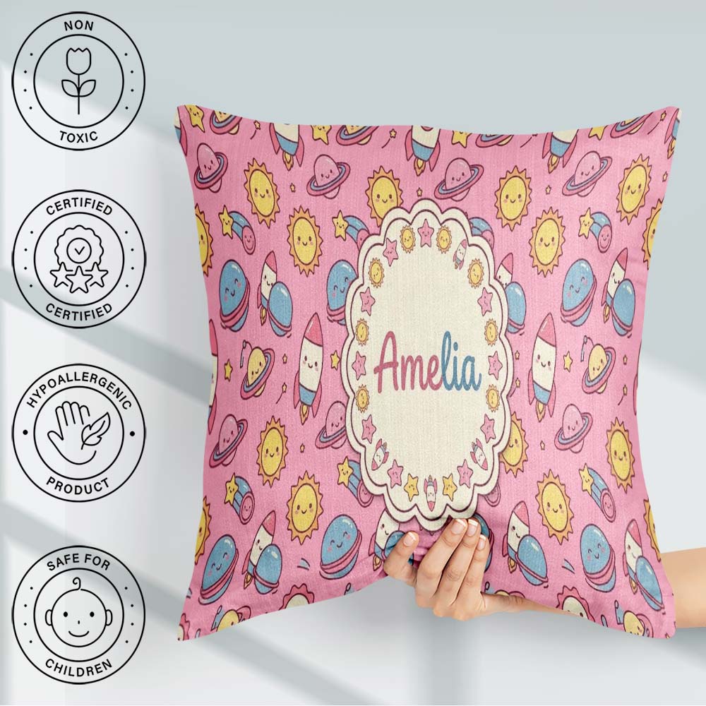 Custom Name Cute Kawaii Space Rocket Globe Sun Star Pattern Name Square Filled Cushion Throw Pillow Sofa Bed Home Decor Zip Washable UK Made