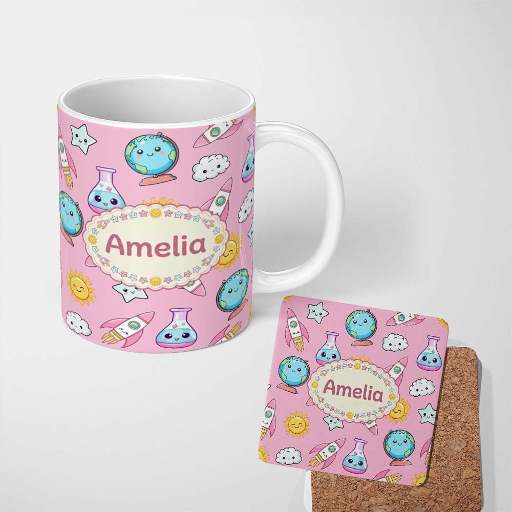 Personalized Custom Name Cute Kawaii Space Rocket Globe Sun Star Pink Seamless Pattern Name 11oz Ceramic Coffee Tea Mug White Large Handle