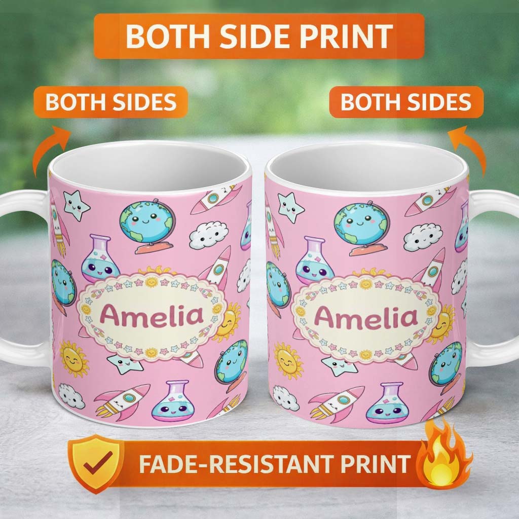 Personalized Custom Name Cute Kawaii Space Rocket Globe Sun Star Pink Seamless Pattern Name 11oz Ceramic Coffee Tea Mug White Large Handle