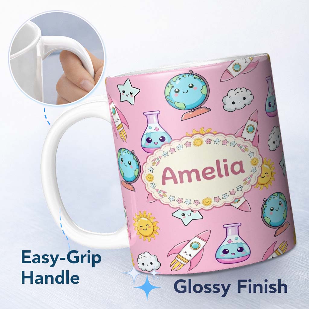 Personalized Custom Name Cute Kawaii Space Rocket Globe Sun Star Pink Seamless Pattern Name 11oz Ceramic Coffee Tea Mug White Large Handle