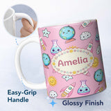Personalized Custom Name Cute Kawaii Space Rocket Globe Sun Star Pink Seamless Pattern Name 11oz Ceramic Coffee Tea Mug White Large Handle