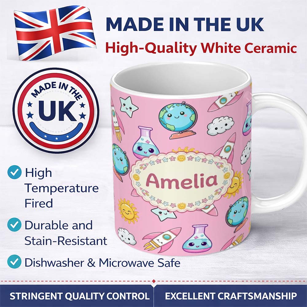 Personalized Custom Name Cute Kawaii Space Rocket Globe Sun Star Pink Seamless Pattern Name 11oz Ceramic Coffee Tea Mug White Large Handle