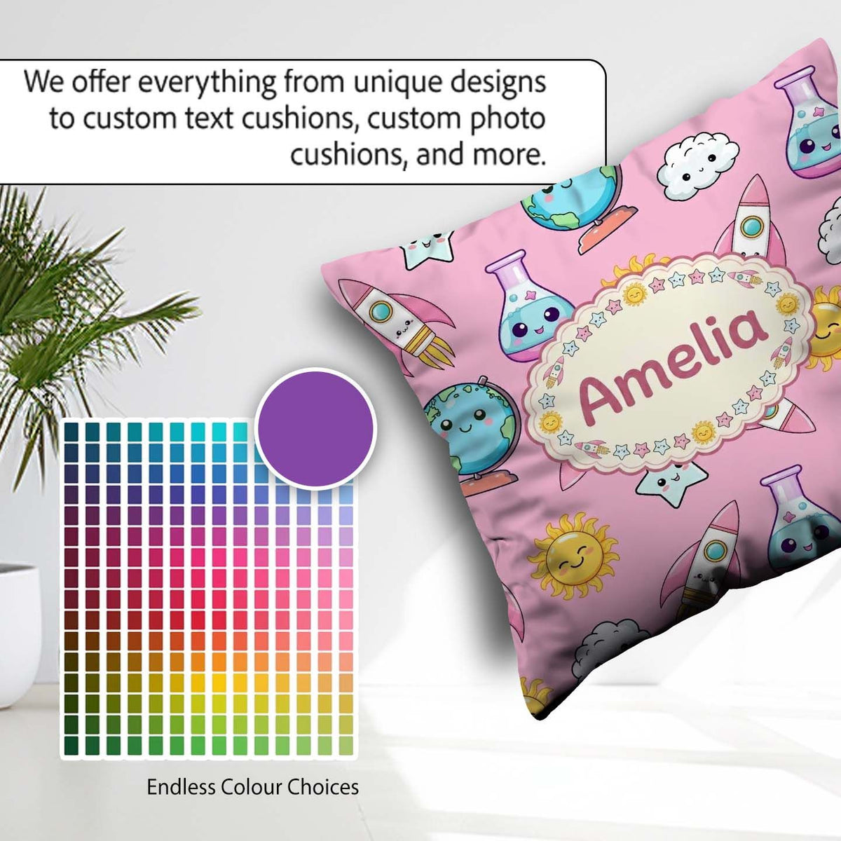 Custom Name Kawaii Space Rocket Globe Sun Star Pink Pattern Name Square Filled Cushion Throw Pillow Sofa Bed Home Decor Zip Washable UK Made