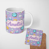 Personalized Custom Name Cute Kawaii Space Rocket Globe Sun Star Lilac Seamless Pattern 11oz Ceramic Coffee Tea Mug White Large Handle